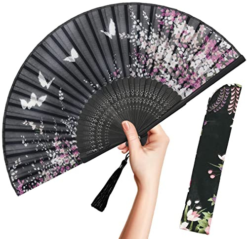 OMyTea Folding Hand Fan for Women - Foldable Chinese Japanese Vintage Bamboo Silk Fan - for Hot Flash, Church, EDM, Music Festival, Party, Dance, Performance, Decoration, Gift (Black Sakura)