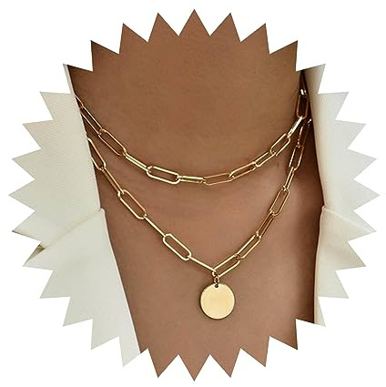 Yienate Punk Layered Gold Paperclip Chain Hip-hop Statement Coin Pendant Layered Necklace Charm Jewelry for Women & Girls
