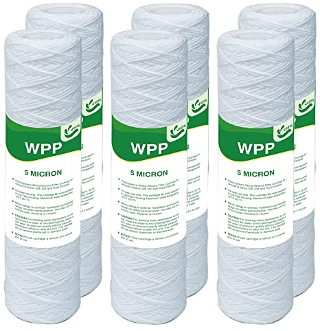 VEGEBE 5 Micron String Wound Whole House Water Filter 10 x 2.5, 10-inch Universal Sediment Pre-Filters for Well Water, Replacement Cartridge for FXWSC, CW-F, CW-MF, 1SS, W5W, AO-WH-PRE-R2, 6-Pack