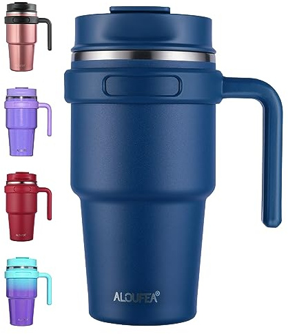 ALOUFEA 20 oz Insulated Coffee Mug Tumbler with Handle, Stainless Steel Travel Mug Tumbler with Lid and Straw,Double Wall Vacuum Leak Proof Ice Coffee Thermal Cup, Navy