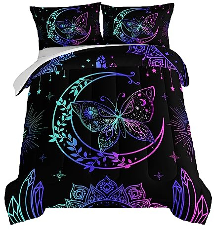 HOSIMA Butterfly Comforter Set - 3Piece with 2 Pillowcases,Black Comforter Queen Size,Boho Mandala Bedding Set for Girls Room Decor.