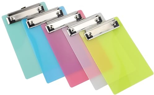 Klemmbretter A6, halbtransparenter Kunststoff, Acryl-Klemmbretter, gummierte Metallklemme, widerstandsfähig, sortiert, farbige Papierhalter, Schreibtafel, 5 Farben, 5 Stück