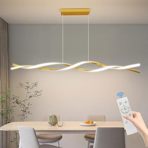 Mikeru 150CM Gold Moderne Pendelleuchte, Kücheninsel Leuchten, Höhe 150cm einstellbar LED Hängelampe mit Fernbedienung 10%-100% voll dimmbar für Cafe Esszimmerlampe Wohnzimmerlampe