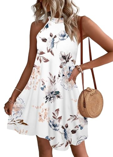 WNEEDU Vestidos de Verano de Las señoras Vestidos Cortos de Playa Halter sin Mangas A-Line Vestidos con Bolsillos Blanco Floral L