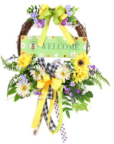 Niejgay 1 Stück Frühlings-Gänseblümchen-Kränze für die Haustür, Künstliche Frühlings-Sommer-Türkränze mit Schleife, Grünes Blatt, Bauernhaus-Kranz