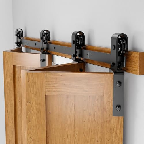 SANKEYTEW 5.6FT/170.7CM Bifold Sliding Barn Door Hardware Track Kit for Double Bi-Folding Closet Door,Heavy Duty Roller for Smooth and Quiet Sliding,Easy Install,Black(Doors Not Included)