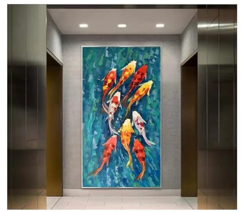 NXMYDBD Abstraktes Landschaftsgemälde mit neun Koi-Fischen auf Leinwand, Poster für Wohnzimmer, modernes Dekor, Wandkunst, Bild, HD-Druck, chinesisch, 50 x 100 cm, ungerahmt