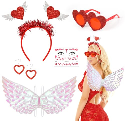 Beipegin Disfraz Cupido Mujer Diadema de Corazon Rojo Alas de ángel Gafas Corazón Accesorios Cariñoso de Cupido Disfraces Cupido San Valentín Carnaval Fiestas