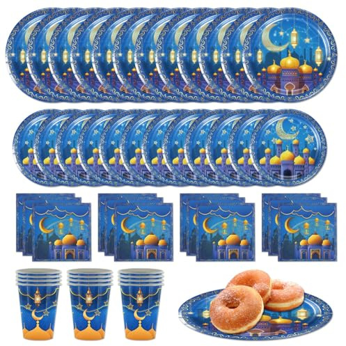 Ramadan Eid Mubarak Vaisselle de Fête, Vaisselle pour fête de l'Aïd - Assiette Eid Mubarak, Assiette Ramadan, Gobelets et Serviettes de Fête - 60 Pièces de Vaisselle Jetable Ramadan et Aïd Mubarak