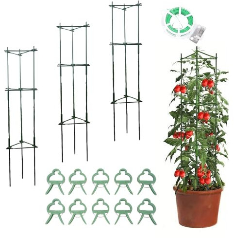 COEWUR 3 Pack Tomato Cages and Plant Trellis, 120cm Adjustable Support for Climbing Plants Vegetables, Peppers, Beans, Flowers Outdoor with Cable Tie Plant Clips