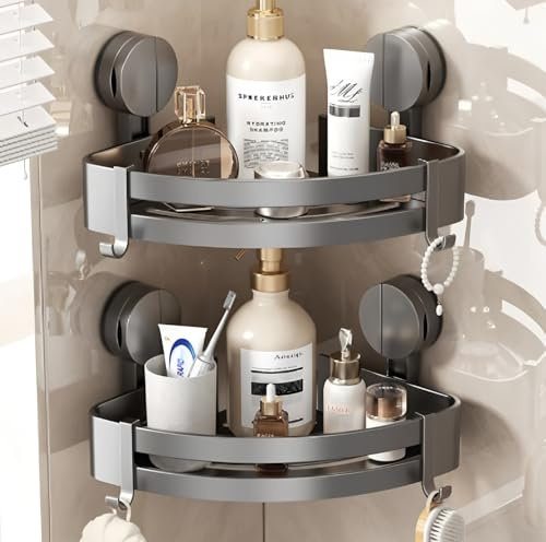ONXE Bathroom Shower Caddy, Suction Cup Corner Shelf,2 Packs Rustproof Wall Mounted Bath Shelves Storage Rack,No Drilling Shower Organizer with 4 Hooks,Kitchen Home Gadget Essentials (2 Pack)