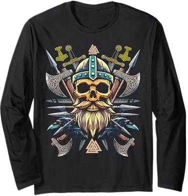 Viking Skull with a Beard, Viking Axe with Hugin and Munin Long Sleeve T-Shirt