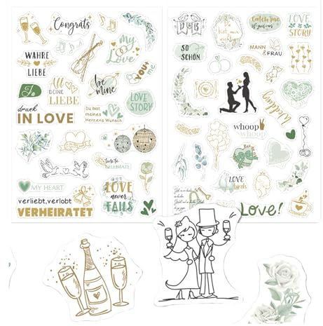 Axvxby JGA Sticker für Gästebuch 200 Designs – Hen Party Hochzeitsdekoration Fotoalbum Scrapbooking Erinnerungsbuch Brautgeschenk Grünes Eukalyptus Design Deutsch