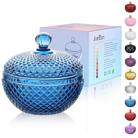 Joeyan 12 oz Small Blue Glass Jewelry Box Jars with Lid,Embossed Glass Candy Dishes,Diamond Faceted Food Container,Decorative Apothecary Canisters,Colored Kitchen Bathroom Buffet Storage Organizer