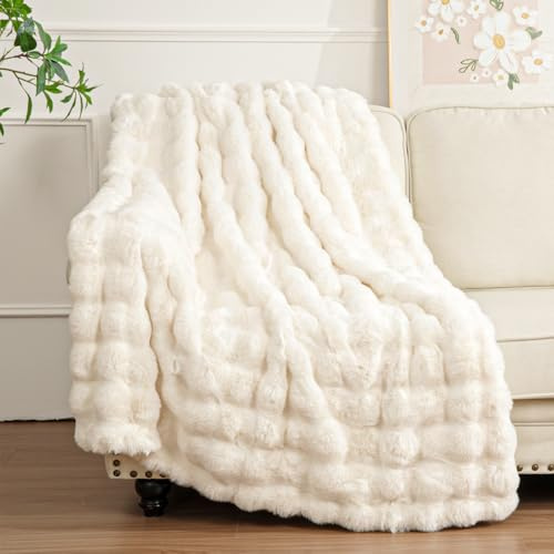 Enyhom Bubble Decke 152x203 cm Creme, Kaninchen Fellimitat Flauschig Weiche Warme Kuscheldecke, Sofadecke für Sofa Couch Bett Haustier Schlafzimmer Wohnzimmer Deko