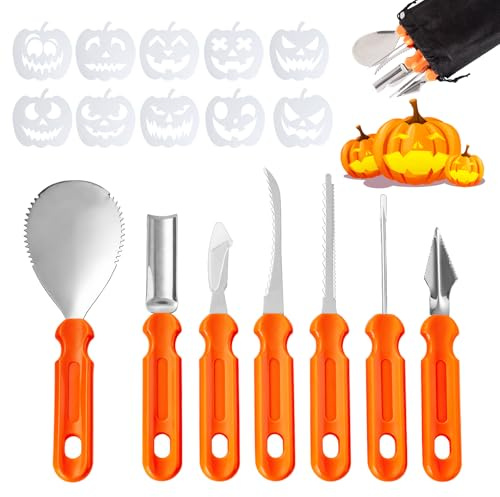 Halloween Kürbis Schnitzset, 7 Stück Kürbis Schnitzen Werkzeug mit 10 Vorlagen und Tragetasche, Kürbisschnitzwerkzeuge Kürbisschnitzset, Edelstahl Pumpkin Carving Tools Kit für Kinder Erwachsene