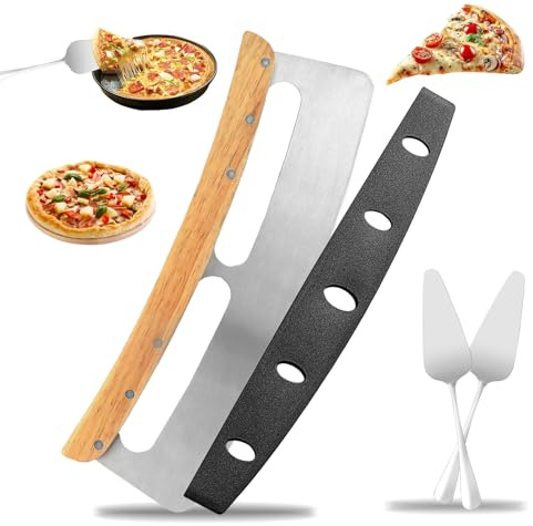 Pizzakniv, pizzamkniv, rostfritt stål vägningskniv, 35 cm, pizzaskärare med trähandtag, pizzaskärare med 2 stycken tårtspade, pizzaskärare med bladskydd, pizzaskärare för pizza