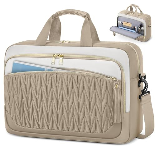 RAINSMORE Laptopväska 17,3 tum för kvinnor portfölj vattentät arbetsväska stor lärarväska axelväska affäraxelväska, Khaki och beige, 43 cm x 14 cm x 31 cm, Utility