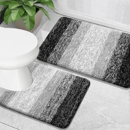 Uoxmiy 2 Piece Non-Slip Bath Mat Set Soft Plush Shower Mat & Toilet Pedestal CarpetExtra Soft Absorbent Microfiber Non-Slip Washable Rugs for Bathroom Accessories Decor Shower Floor Bathmat