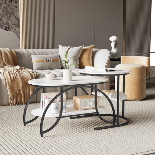BRILVERDE Couchtisch 2er Set,Moderne Wohnzimmertisch mit Stauraum,Marmor-Optik,Metallrahmen,Oval Beistelltisch,für Wohnzimmer Schlafzimmer Balkon (Schwarz-6)