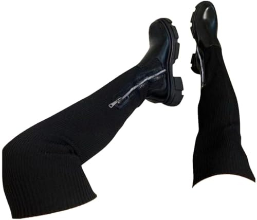 Botas altas ajustadas de plataforma para mujer, botas por encima de la rodilla para mujer, botines puntiagudos con plataforma sobre la rodilla, tacón grueso medio, elástico, antideslizante