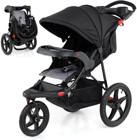 LIFEZEAL Kinderwagen klappbar, Kinderbuggy mit 3 Rädern, verstellbarem Sonnenschutz & 5-Punkt-Gurt, Buggy mit abnehmbarem Tablett & Getränkehalter, bis 22 kg, Schwarz