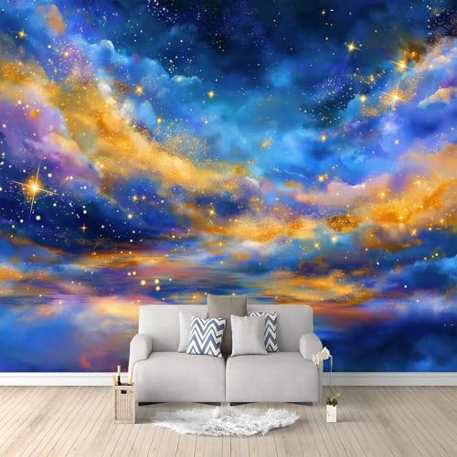 Carta da Parati Fotografica Decorazione Artistica - Fantasy Acquerello Stelle Nuvole Fotomurale per Soggiorno Camera da Letto, Colore Poster con Carta da Parati di Grande Formato, 200 x 140 cm