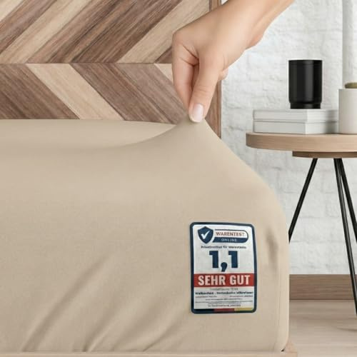 Wolkenfeld Spannbettlaken 180x200cm bis 200x200cm aus 100% Baumwolle, Oeko-TEX Zertifiziert – Weiches Jersey Spannbettlaken 200x200 für Matratze und Topper bis 20 cm – Beige