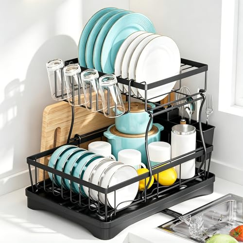 Yowlens 2 Tier Dish Drainer Rack, Black, Carbon Steel | For Kitchen Counter, Space-Saving, With Utensil Holder, Large Capacity, With Draining Board
