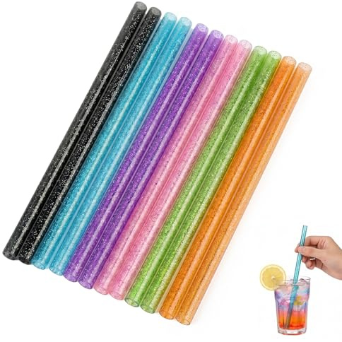 Lot de 12 Pailles Réutilisables en Plastique Pailleté - 30cm de Long et 10mm de Diamètre - Pailles Larges pour Smoothies, Cocktails et Grands Gobelets - 6 Couleurs Scintillantes