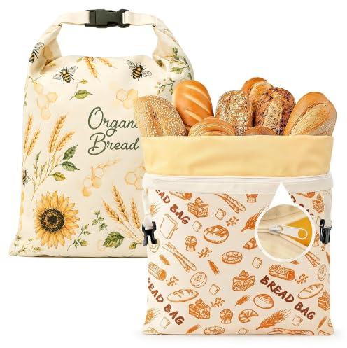 2 Pcs bolsa de pan de cera de abeja 43×33 cm – bolsa reutilizable para pan | Con cremallera y correa, algodón y lino con revestimiento de cera para pans de masa madre y pans casero