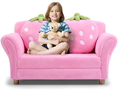 HONEY JOY Toddler Couch with Two Strawberry Pillows, Children Upholstered Loveseat Lounge Bed, Coral Fleece Surface & Sturdy Wood Frame, Double Seat Kid Sofa for Playroom Bedroom (Pink)
