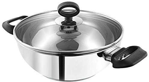 Vinod Stainless Steel Deluxe Kadai with Glass Lid – 24cm, 2.8L | SAS Heavy Bottom | Induction Compatible Wok | Soft Grip Handles | Ideal for Stir-Frying, Curries, & Deep-Frying – Silver
