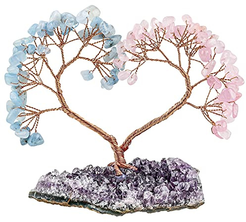 Nupuyai Rose Quartz & Aquamarine Crystal Tree with Amethyst Cluster Base, Love Heart Money Tree Figurines Fengshui Ornament for Home Office Wedding Decoration