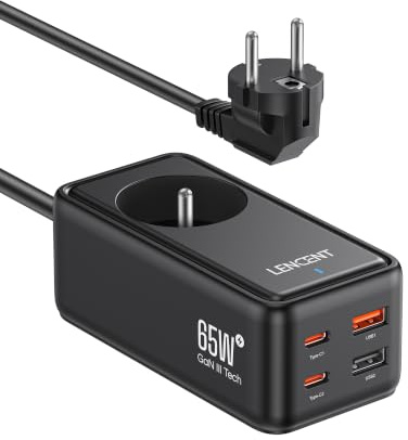 LENCENT 65W Chargeur USB C Rapide, 2 Ports Prise USB C & 2 USB A GaN Tech | avec 65W pour iPhone 17 16 15Pro Max, pour MacBook M4 M3 M2, pour Galaxy S25 S24 Note Pixel 9 8 7 iPad Air/Pro, Noir