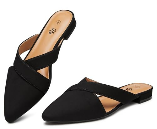 Rekayla Mules for Women Pointed Toe Flats Backless Loafers Slip On Shoes for Women, Black Size 8.5