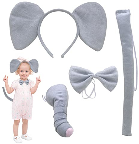TSHAOUN 4-Piece Elephant Costume Set - Kids Girls Fancy Dress Up Cosplay - Includes Ears, Nose, Tail, Bowtie