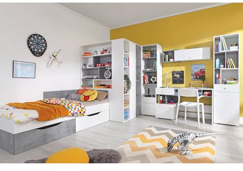 Lomadox Jugendzimmer Set 6-teilig mit Jugendbett 90x200cm, begehbarer Kleiderschrank, 2 Regalschränke, Wandregal, Schreibtisch in Beton und weiß modern