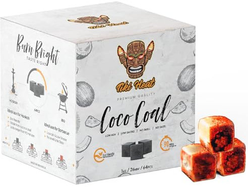 TIKI HEAT Shisha Kohle 4KG I Premium BBQ Grillkohle I 26mm Kohle Shisha Grill Kokos Briketts I Lange Brenndauer I Ökologisch I für Wasserpfeife & Grill I 256 Würfel