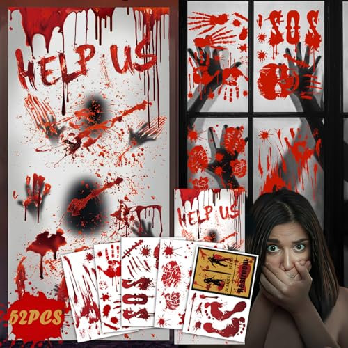 Décoration d'Halloween - Images de fenêtre horreur - Empreinte de main sanglante - Décoration de fenêtre effrayante - Réutilisable - Autocollants sanglants pour Halloween - Décoration d'intérieur