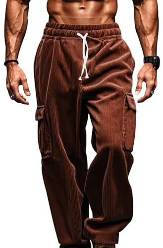 BFDSGWQ Pantaloni in Velluto a Coste da Uomo, Pantaloni Larghi con Coulisse, Pantaloni Larghi da Strada, Pantaloni Cargo Casual con Tasche Multiple (XL,Brown)