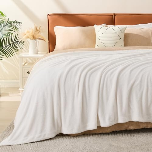 EMME Couverture réversible en mousseline de coton et polaire, douce et chaude, jeté pour canapé, lit, pique-nique, voyage, Queen Size, 203 x 229 cm, crème