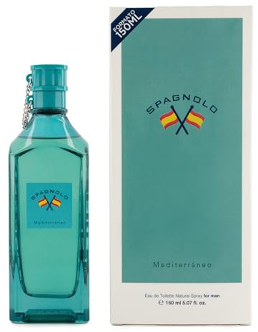 SPAGNOLO - Mediterráneo 150 ml, Colonia Hombre, Perfume Formato Spray, Eau de Toilette Natural y Masculina, Aroma Amaderado Aromático, Fragancia Fresca, Enérgica y de Larga Duración