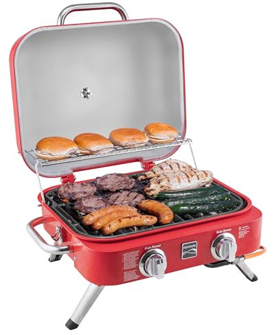 Kenmore Portable Propane Gas Grill - Barbacoa de sobremesa con rejilla para calentar - 2 quemadores de acero inoxidable con (4,1 kW) - para cocina exterior - camping (Rojo)