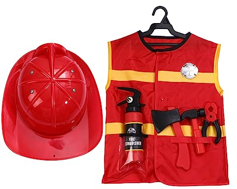 ibasenice Feuerwehrmann Cosplay Kostüm Kinder Feuerwehrchef Weste Mit Hut Hammer Zange Feuerlöscher Abzeichen Für Party Halloween Rollenspiel