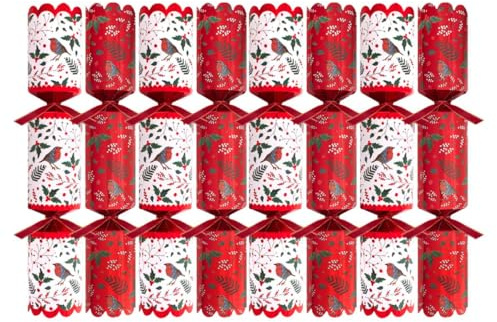 YöL Pack of 8 Premium White Red Robin Holly Christmas Crackers - 12.5 Metallic Festive Xmas Holiday Dinner Table Decorations - Novelty Fun Prizes Gifts Contains Hats Jokes