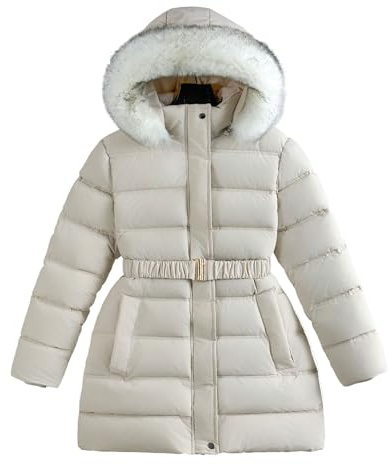 Generisch Abrigo de invierno para niña, abrigo de plumón grueso de piel sintética forrada, chaqueta con capucha, ropa exterior para clima frío, moda niño pequeño, Blanco, 12-13 años