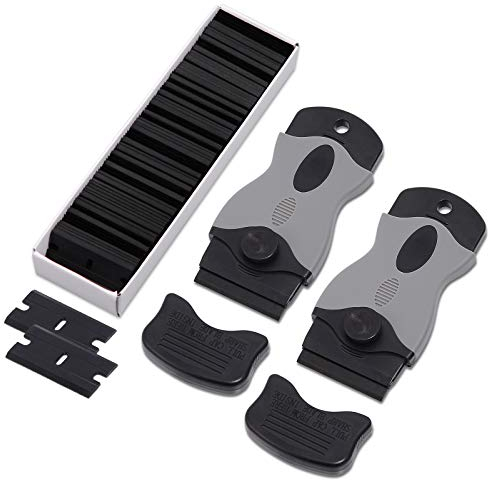 FOSHIO 2 raschietti in plastica con 100 lame in raschietto in plastica, raschietti plastica per adesivi in vinile, rimozione di vetro e solvente per etichette, colore nero