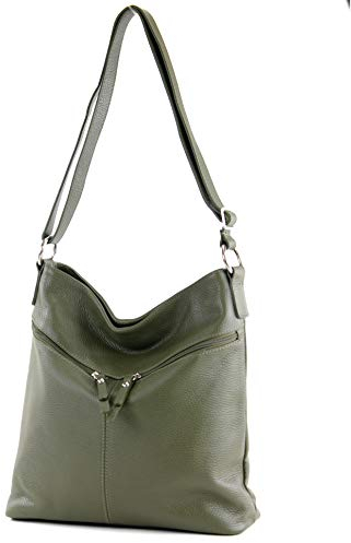 modamoda de T196 Damen Leder Schultertasche Umhängetasche handmade in Italy, Farbe:Olivgrün