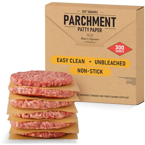 Hamburger Patty Paper Squares 5x5, 300Pcs Parchment Paper Sheets | Silicone Coated & Unbleached – Pastry Paper Ideal for Baking, Wrapping, Freezing, Non-Toxic Oven Friendly by Baker’s Signature